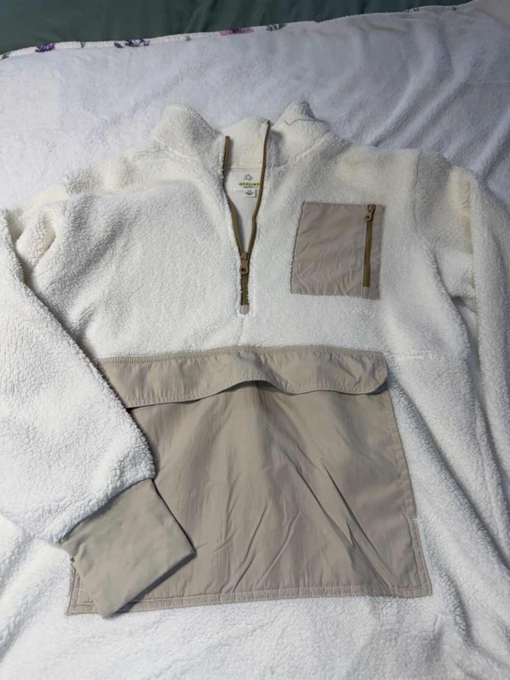 aerie Cream Teddy Jacket with Tan Trim